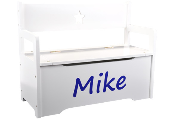 Speelgoedkist naamsticker in de kleur blauw.