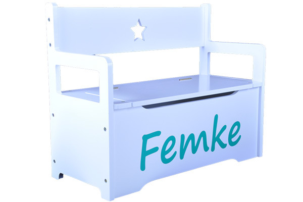 Speelgoedkist naamsticker in de kleur mint groen.